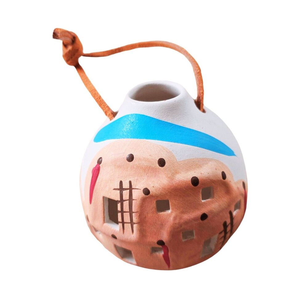 Vintage Santa Fe Pottery Ornament Clay Cliff Dwellings Leather Hanger 1999